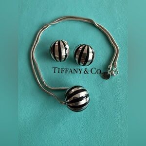 Rare Tiffany&Co. Enamel Striped Clip on Earrings and Ball Pendant Necklace Set